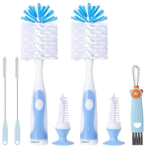 Baby Bottle Brush Set, Bottle Cleaner,2Pcs Bottle Brush with Stand, 2 Hidden Nipple Brush, 2 Straw Brush, 1 Lid Brush, Nylon Bottles Brush Cleaner for Baby Bottle, BPA-Free(Blue)