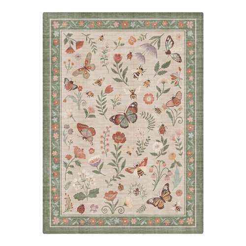 Sylune Washable Blooming Floral & Insect Beige Rug