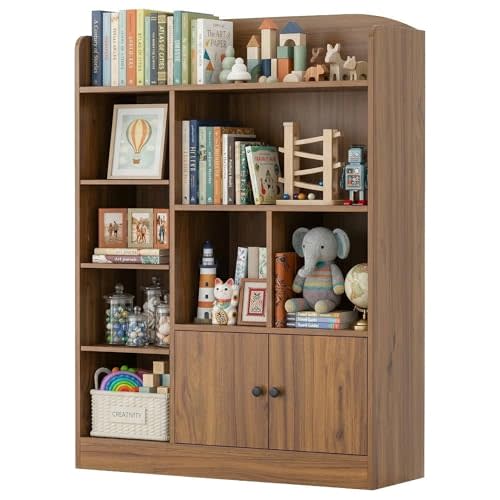 DIYART Rustic Brown Kids Bookshelf, Kids Bookcase with 7 Cubbies and 2 Cabinets, Freestanding Book Storage Shelves for Bedroom, Playroom, Hallway, 35.4" W x 48" H