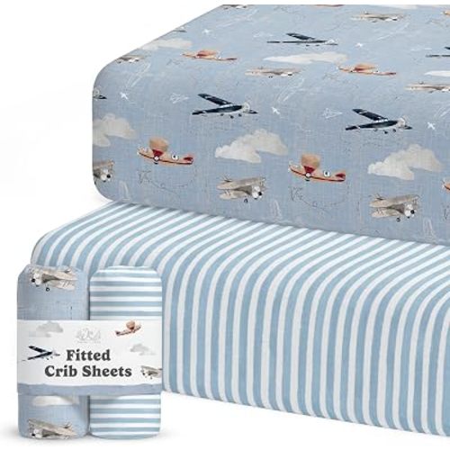 Sorrel + Fern Crib Sheet for Standard Crib Mattress Premium Fitted Sheets - Buttery Soft Cotton Blend - Airplanes in The Clouds