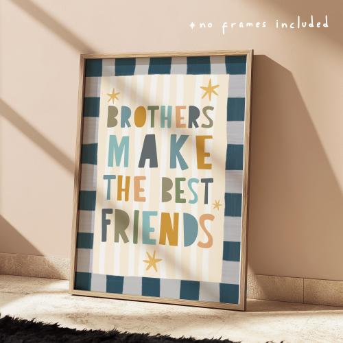Brothers make the best friends print in blue, yellow and green, checkered kids retro shades bedroom playroom, scandi nursery decor