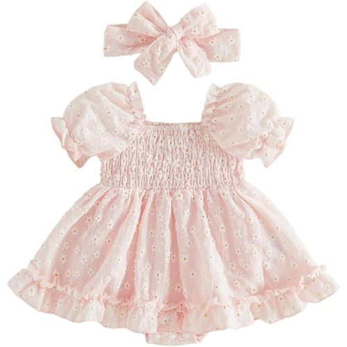 SAYOO Infant Baby Girl Linen Romper Smocked Bubble Bodysuit Frill Trim Ruffle One-Piece Jumpsuit Casual Cute Summer Clothes