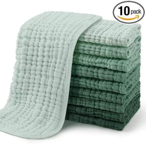 Yoofoss Muslin Burp Cloths for Baby 10 Pack 100% Organic Cotton Baby Washcloths for Boys Girls Large 20''X10'' Super Soft and Absorbent Gradient Green