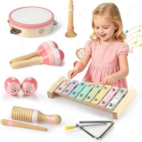 JOLLITO 9-Piece Kids Musical Instrument Set, Wooden Toys for Toddlers 1-3