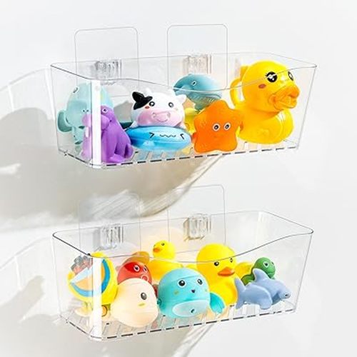 Imncya Bath Toy Storage Clear, Bathtub Toy Storage Organizer, large Capacity Bathtub Shower Caddy, No Drilling Quick-Dry Drainable, Plastic Bath Toy Holder for Bathroom (2 Pack)
