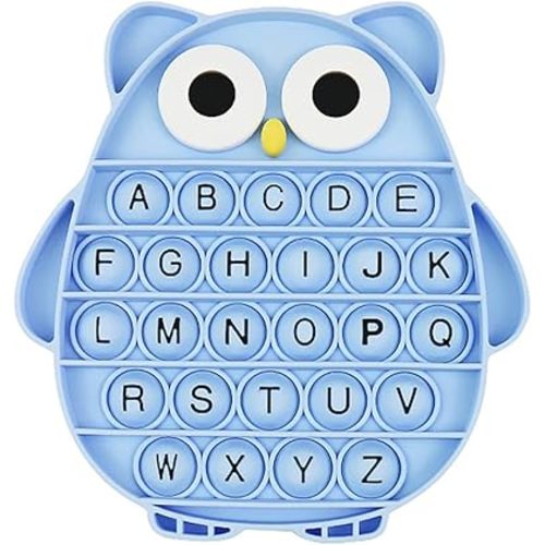 Push Pop Bubble Fidget Sensory Toy, Silicone Stress Relief Popping Toy, ABC Alphabet Owl Shaped Educational Learning Tools for Toddlers Kids Students (Black Letters-Blue)