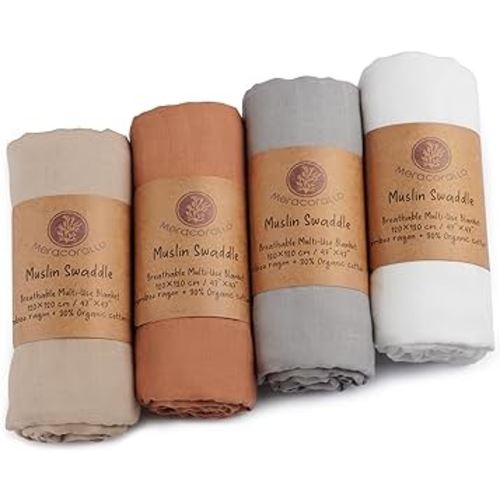 Meracorallo Muslin Swaddle Blanket Silky Soft Receiving Blanket Neutral Swaddle Wrap for Baby Boys and Girls, 47 x 47 inches, Set of 4 Solid Color