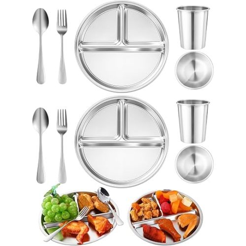 Jinei 10 Pcs Stainless Steel Dishes Set 2 Stainless Steel Plates, 2 Bowls, 2 Cups, 2 Spoons, 2 Forks, Dishwasher Safe, Durable Dining Set for Home Travel Camping (Tableware)