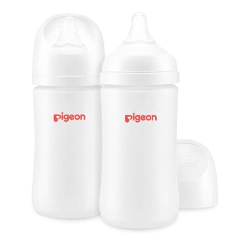 Pigeon Silicone Coating (Glass Inside/Silicone Outside) Baby Bottle, Wide Neck, Streamlined Body, Natural Feel, Easy to Clean, Heat-Resistant, 8 Oz (Pack of 2), Includes 2 pcs M Nipples (3m+)