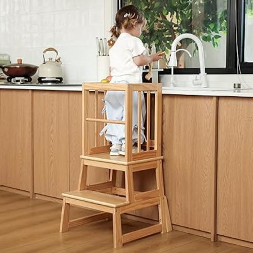 Kids Kitchen Step Stool, Ideal Toddler Learning Standing Tower, 2025 New Upgrade with an Anti-tip Structure and Anti-Drop Safety Bar, More Stable and Safer - Natural