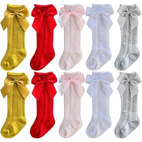 Baby Girls Knee High Socks Bow-Stitched Toddler Breathable Long Sock Cable Knit Tube