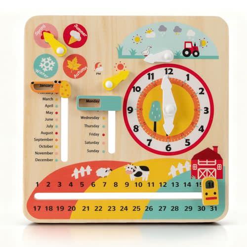 HONEY JOY Montessori Busy Board, Wooden Toddler Calendar w/Clock, Seasons, Weathers, Days, Weeks, Months, Sensory Fidget Activity Board for Fine Motor Skills, Travel Baby Learning Toys for Preschool