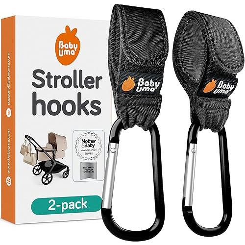 Baby Uma Stroller Hooks for Bags (2 Pack) - Universal Stroller Clips and Hooks, Non-Slip with One-Hand Opening, 11 lb Weight Capacity, Baby Travel Essential