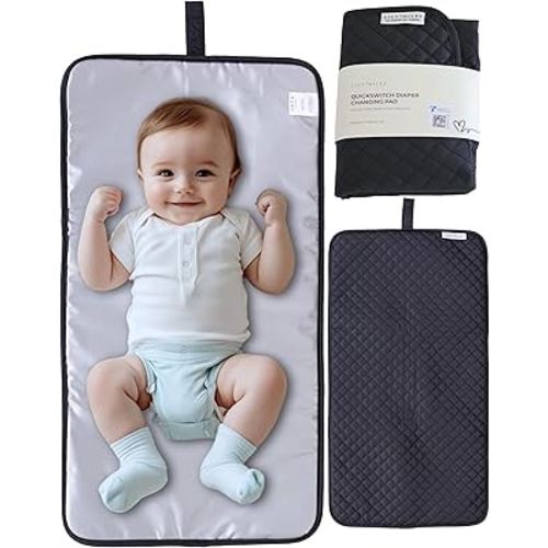 Diaper Changing Pad Portable with Magnetic Latches, Baby Diaper Changing Mat, Travel Pad for Diaper Bag, Baby Essentials, Wipeable & Waterproof Mat (Black Twill, Regular)