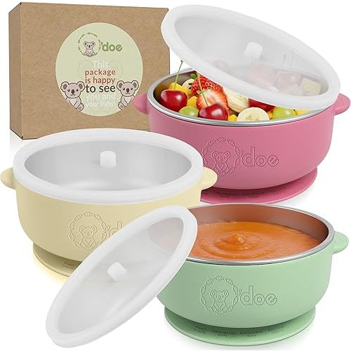 o'doe Baby Bowls with Lids – Stainless Steel Baby Feeding Bowls with Suction | Non-Slip Toddler Bowls for Self Feeding | BPA-Free Kids Bowls for Babys Food & Snacks | Stainless Steel Bowls Kids