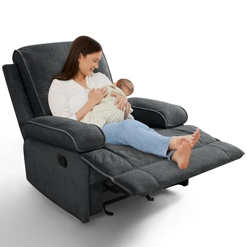 YuuYee Nursery Rocking Chairs,Velvet Rocker Recliner Nursing Chair,Oversized Nursery Recliner Glider Chair with Extra Wide Footrest for Breastfeeding,Dark Grey