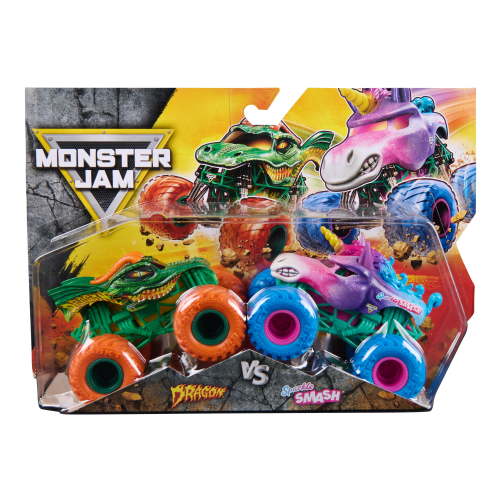 Monster Jam, Dragon Vs. Sparkle Smash Die-Cast Monster Trucks, 1:64 Scale, Kids Toys for Boys Ages 3 and up