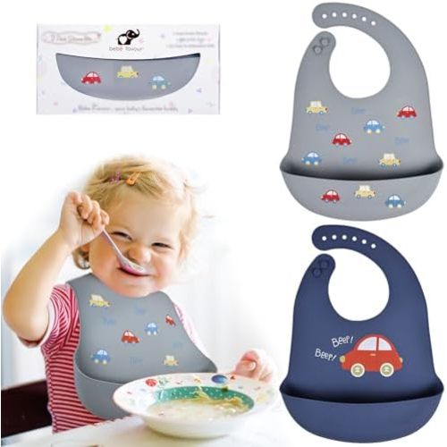 2 Pack Silicone Baby Bibs Adjustable Fit Waterproof Bib With Leak Proof Food Pouch Catcher for Eating Boys Girls