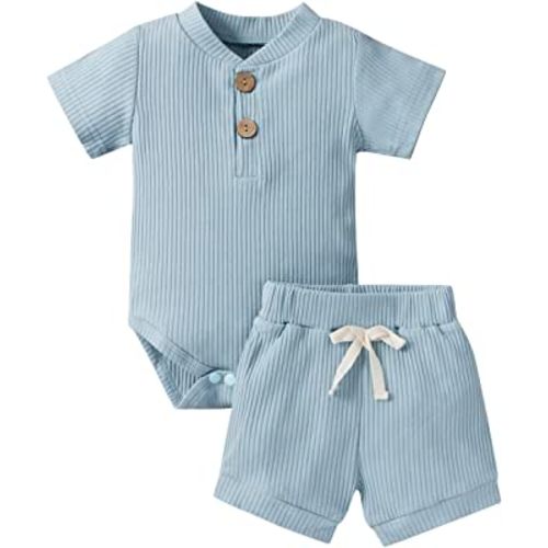MA&BABY Newborn Baby Boy Clothes Ribbed Knit Stripe Romper Solid Shorts Set | Infant Boys Summer Outfits 0 3 6 9 12 18 Months, Short Sleeve, Checkered, Cute Soft Cotton 2Pcs Clothing Set