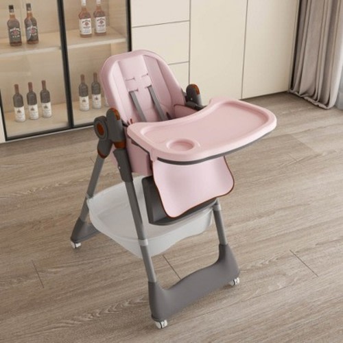 Angel Sar Adjustable Baby High Chair 0-6 Years, Portable Infant Feeding Seat with Safety Belt & Wheels for Home Use, Pink