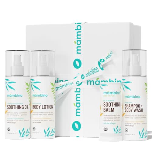 Mambino Organics Baby Arrival Essential Care Gift Set - Organic Baby Care Kit - Vegan & Non-GMO 4pc Set - Shampoo, Lotion, Soothing Oil & Balm - Ideal Organic Baby Gift Set for New Moms & Baby