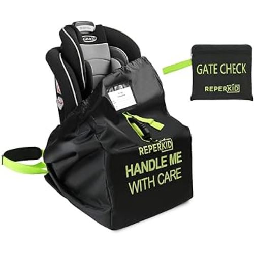 reperkid Car Seat Travel Bag for Airplane, Black and Green, 33" H x 18" W x 18" D, Fits Most Convertible, Booster and Infant Car Seats – Premium Waterproof Cover, Adjustable Shoulder Strap