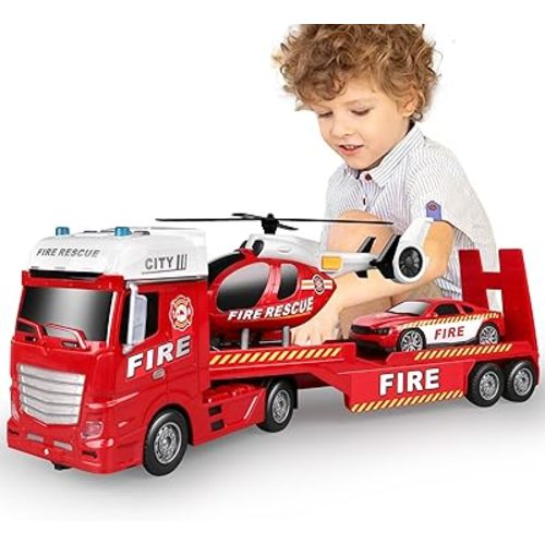 Dwi Dowellin 25.6" Semi Truck Toy with Racing Car and Helicopter for Kids - Fire Toys,Birthday Gifts for Boy Toddler Child 3 4 5 6 Years Old