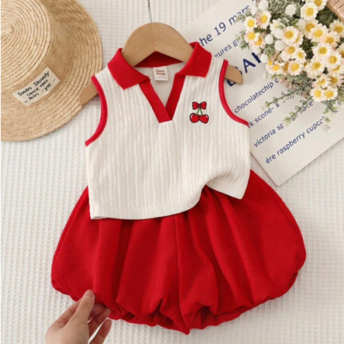 Cozy Pixies Baby Girls' Striped Polo Collar Tank Top And Elastic Waist Ruffle Shorts Set,Red And White Summer Cute Vacation Casual Comfortable Versatile Outfit | SHEIN USA