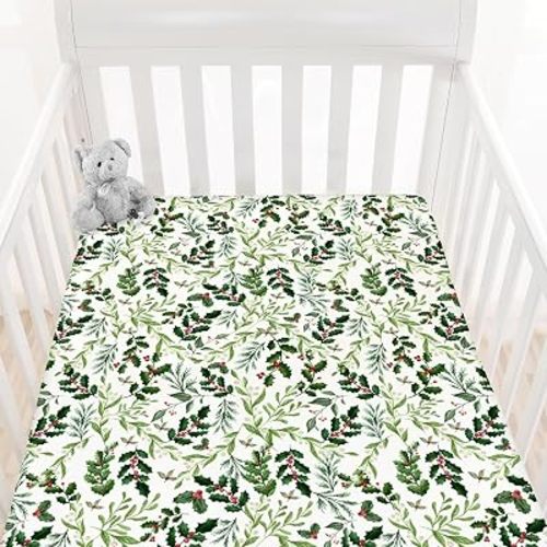HawSkgFub Christmas Foliage Holly Berry Fitted Standard Crib Sheet Baby Boy Girl Shower Gift, Neutral Green Xmas Misotole Toddler Mattress Cover, Soft Breathable Stretchy Kid Nursery Bed Decor 52 x 28