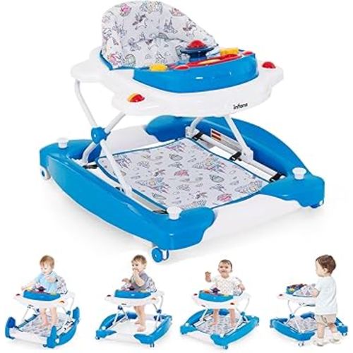 INFANS Baby Walker, 5 in 1 Behind Walker Learning Seated Rocker Bouncer with Removable Music Tray, Adjustable Height, Washable Seat Cushion, Foldable Activity Center for Toddlers (Unicorn)