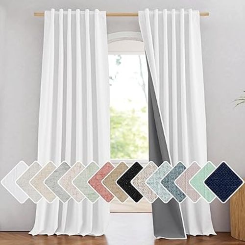 NICETOWN Greyish White 100% Blackout Linen Curtains 90" Long, Farmhouse Thick Completely Blackout Window Treatment Panels Thermal Insulated Drapes for Living Room (1 Pair, 52" Width Each Panel)