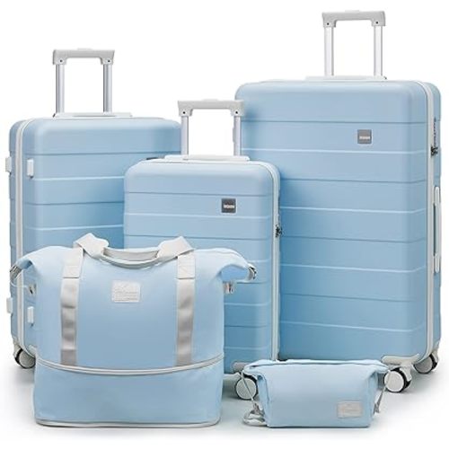 imiomo Hard Shell Luggage Sets 5 Piece for Women, Lightweight Hardside Rolling Suitcase Set with Spinner Wheels and TSA Lock, Blue