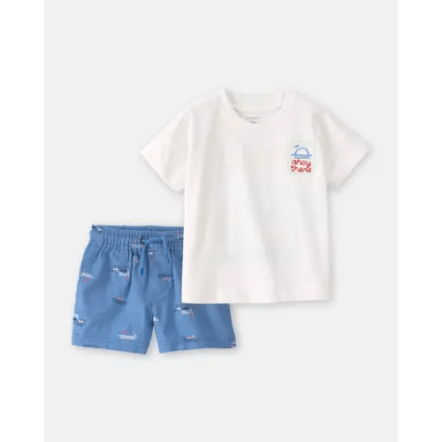 Toddler Boy 2-Piece 'Ahoy There' Graphic Tee & Sailboat Shorts Set - White/Blue | Carter's