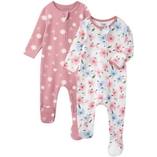 Baby Sleepers 100% Cotton Footie Pajamas, Newborn 0-3 3-6 6-9 Months with 2-Way Zipper, 2pcs PJs Baby Boy Clothes