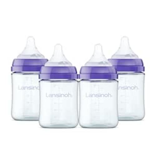 Lansinoh Anti-Colic Glass Baby Bottles, 5 Ounces, 4 Count, Includes 4 Extra Slow Flow Nipples (Size XS, Newborn), Baby Essentials