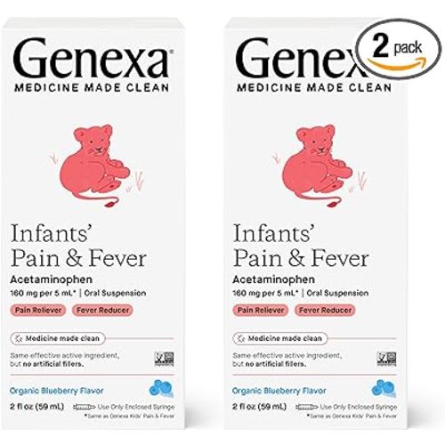 Genexa Infants’ Pain and Fever Reducer | Baby Acetaminophen, Dye Free, Liquid Oral Suspension Medicine for Infant | Delicious Organic Blueberry Flavor | 160 mg per 5mL | 4 Fluid Ounces (2 Pack) - 2 Fl Oz (Pack of 2)