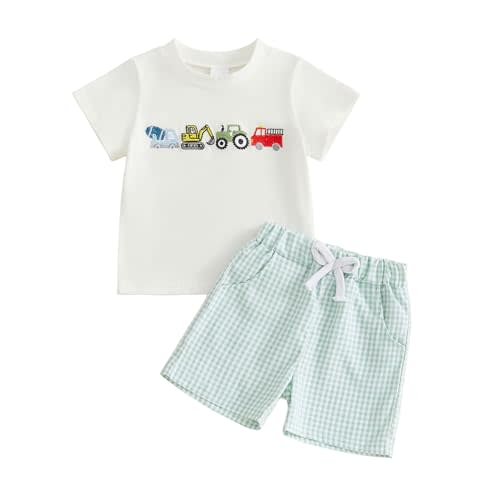 PUHHAPIEY Toddler Baby Boy Back to School Outfit 12 18 24 Months 2T 3T 4T Clothes Short Sleeve Apple Shirts + Plaid Shorts