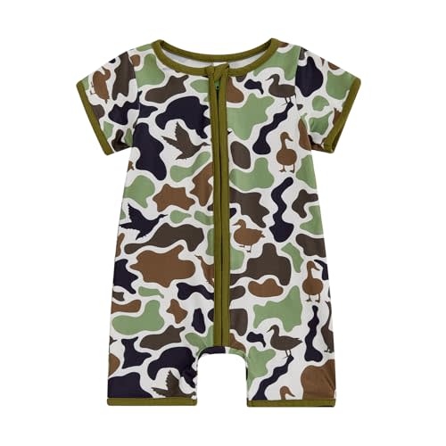 Vicaankue Newborn Baby Boy Hunting Clothes Duck Camo Short Sleeve Zip Up Romper Jumspuit One-Piece Bodysuit Summer Outfit