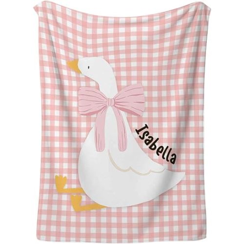 Printed in USA-Custom Goose Baby Blanket for Baby Girl, Cute Goose with Pink Bow On Pink Gingham Background, Soft Cozy Fleece Blanket, Goose Babys Bedding, Personalized Name Babys Gift, Big Goose
