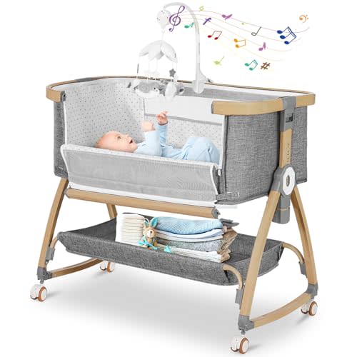 Bedside Bassinet for Baby,Bassinet Bedside Sleeper,Rocking Bassinet,4 in 1 Portable Bedside Crib with Mattress,Mobile,Storage,Mosquito Net,6-Height Adjustable Baby Bassinet with Wheels for Newborn