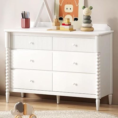JOINICE White Nursery Dresser for Kids Bedroom, 6 Drawers for Storage