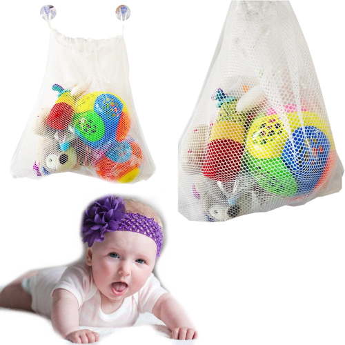 Large Mesh Bath Toy Organizer with Strong Suction Cups - Fast Drying Shower Storage Net for Baby Toys, Keeps Bathroom Clean & Tidy, Holds Shampoo & Soap (37x36cm)