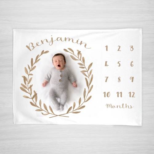 Milestone Blanket, Boy or Girl Baby Month Blanket, Printed with beige neutral colored Wreath, Baby Shower Gift
