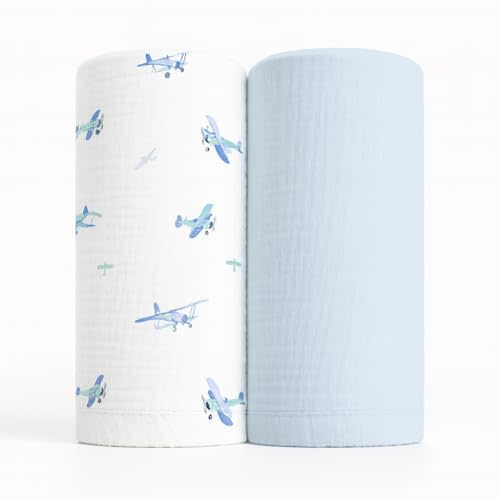 Soft 100% Cotton Swaddles for Newborns, 2- Pack - Large, Breathable Baby Blanket - Versatile, Durable Muslin Swaddle Blankets - Perfect Newborn Essentials (Airplane/Blue)