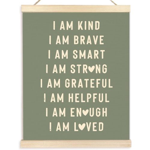 BESERH Boho Sage Green Positive Affirmations Wall Art Posters, Boho Nursery Decor Boy Girl, I Am Kind Brave Smart Canvas Prints Artwork Framed for Toddler Kids Room Nursery Playroom, 12x16 Inch