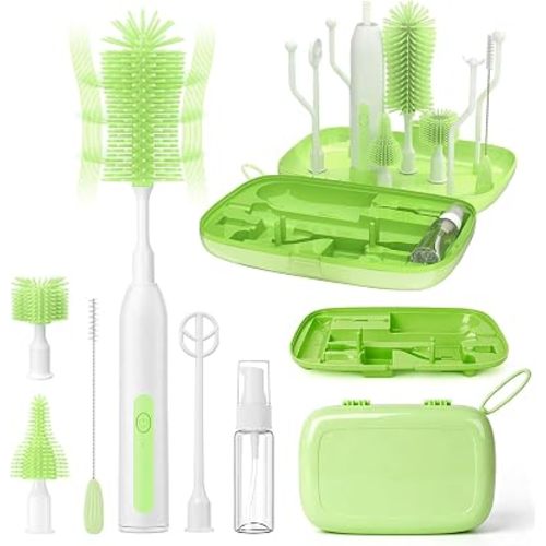 Electric Bottle Brush Cleaner,Portable Electric Baby Bottle Brush Cleaner with Storage Box,Long Battery Life,IPX7 Waterproof,Rechargeable Baby Bottle Cleaning kit for Home & On-The-Go(Avocado Green)