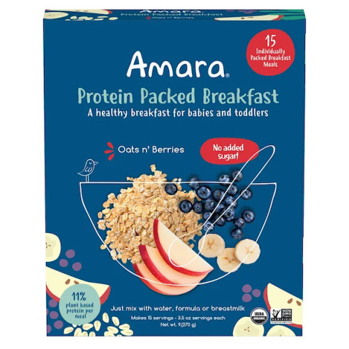 Amara Baby and Toddler Protein Packed Breakfast Cereal Oats and Berries, 15 Meals