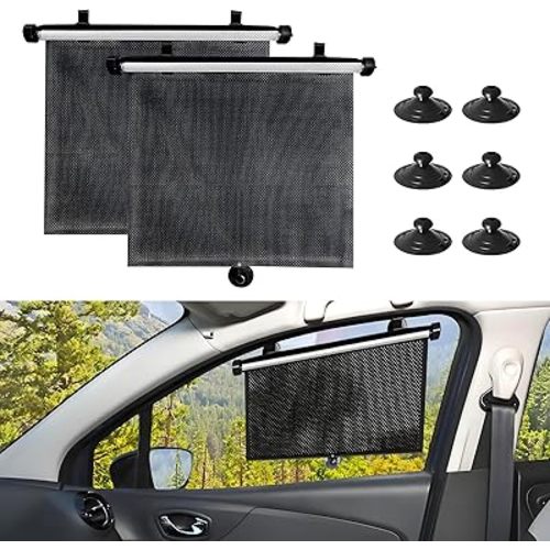 Hovom 2PCS Car Window Shades for Baby, 17.72"×15.75" Retractable Roller Auto Side Window Sun Shade with Suction Cups, Window Covers for Heat, UV and Sun Glare Protection, Car Accessories (Black+Black)