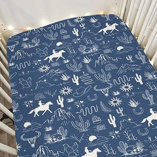 Western Cowboy Baby Crib Sheets Boy Girl 52"x28" Wild West Cactus Mountain Snake Cattle Skull Sun Soft Snug Fitted Crib Mattress Cover Desert Adventure Baby Sheet for Standard Crib & Toddler Mattress