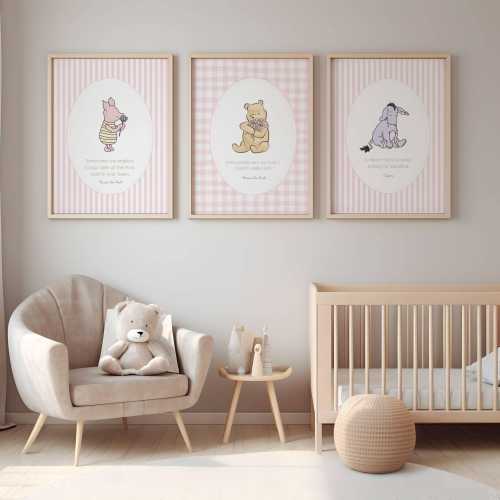 Classic Winnie the pooh baby nursery wall art digital download Pretty pink baby girl Winny the pooh decor printable set of four with quotes